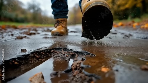 Person walking over a large pothole in a muddy road.