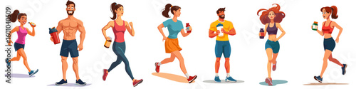 Men and women drinking protein shakes after workout, set