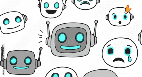 Cute cartoon robot heads expressing various emotions