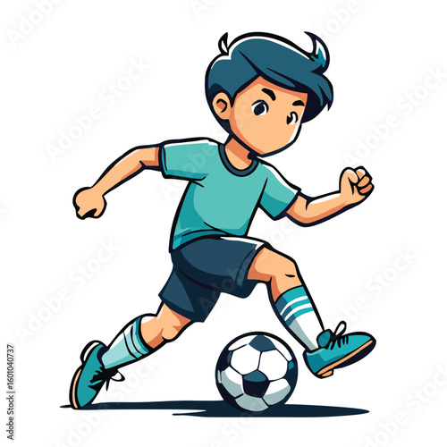 Cartoon Asian boy dribbles a soccer ball with energy and focus on a transparent backdrop