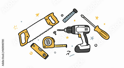 Construction Hand Tools and Power Drill Set