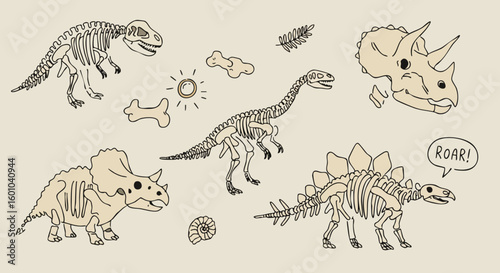 Hand Drawn Dinosaur Skeletons Set