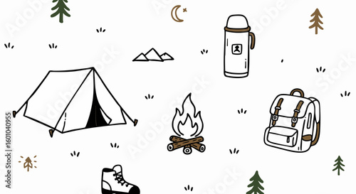Hand drawn camping and outdoor adventure doodle illustration
