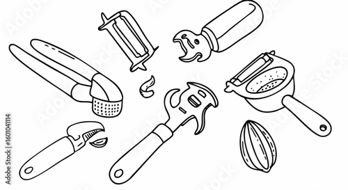 Kitchen Tools and Gadgets Line Art Illustration