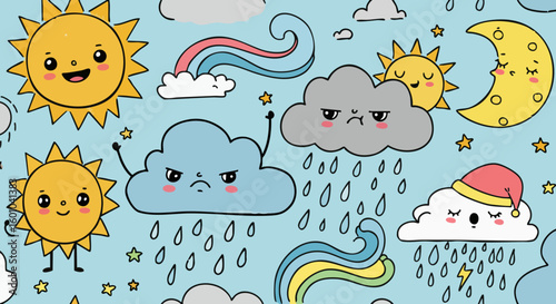 Cute Cartoon Weather Seamless Pattern with Sun Clouds and Rain