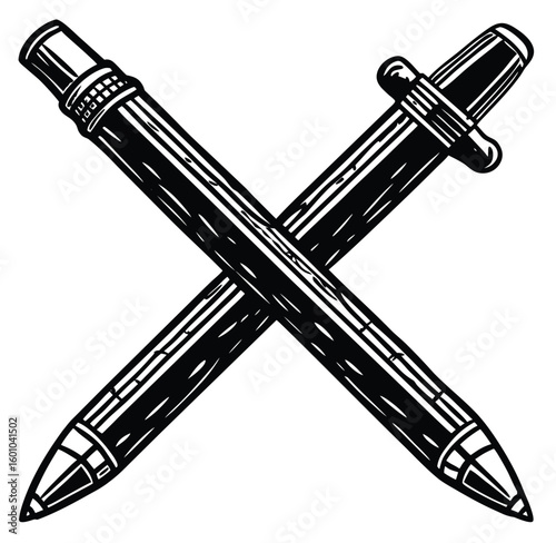 Here's your sentence:

A vector illustration features a vintage metal sword alongside a classic fountain pen and a graphite pencil, tools for both battle and business