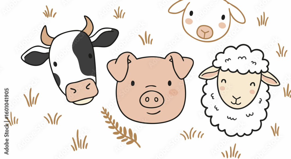 Obraz premium Cute Farm Animal Faces Hand Drawn Vector Illustration Set