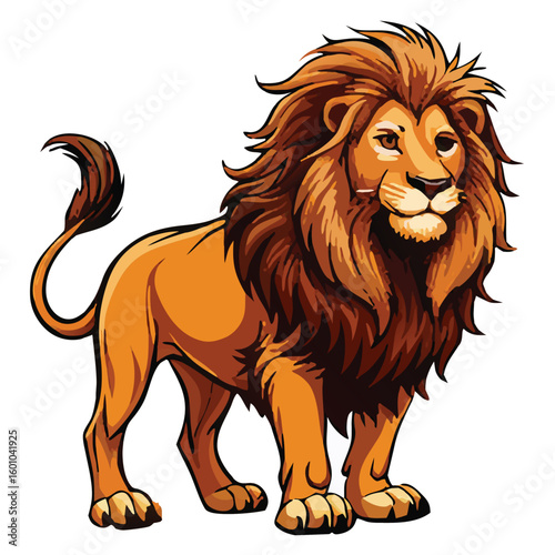 A mighty cartoon lion with fluffy mane confidently stands against a transparent backdrop