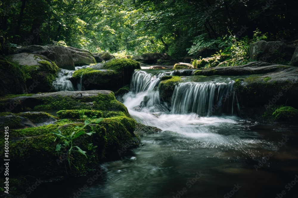Naklejka premium Forest stream cascading over mossy rocks