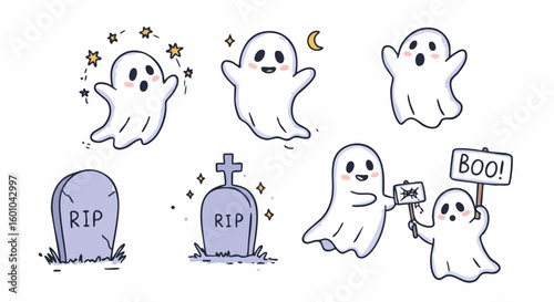 Cute Ghost and Gravestone Halloween Doodle Set