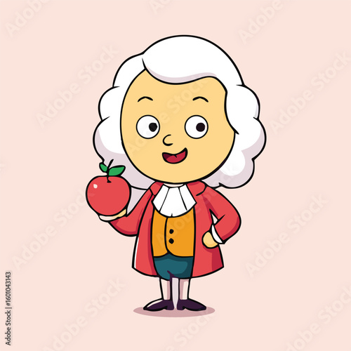 Cartoon historian with powdered wig is holding a shiny red apple with a leaf