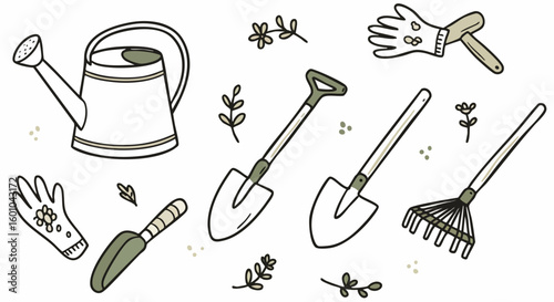 Gardening Tools Vector Illustration Set Spring Hobbies