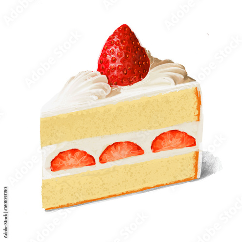 Behang Hand-painted strawberry shortcake slice illustration – cute dessert clipart A charming and realistic digital painting of a strawberry shortcake slice with fresh strawberries and whipped cream layers