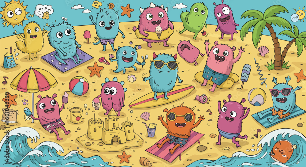 Naklejka premium Cute cartoon monsters enjoying summer vacation on a sunny beach