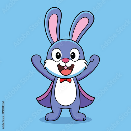 Cartoon bunny wearing bow tie and cape smiles and raises its arms happily