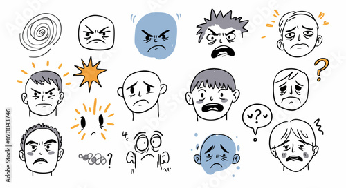 Hand drawn emotional faces set various expressions and reactions