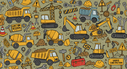Construction Vehicles and Tools Hand Drawn Seamless Pattern