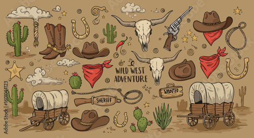 Wild West Adventure Doodle Elements Set