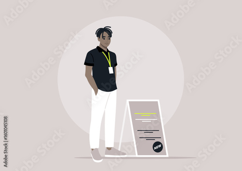 A young man in a black polo shirt and white trousers, adorned with a neon green lanyard, stands beside a bright A-frame sign during an outdoor event inviting locals to volunteer and support community
