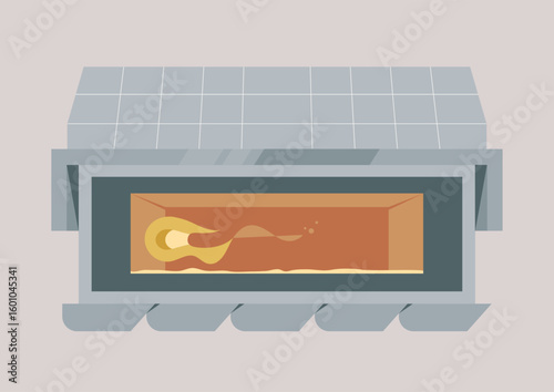 Looking into the intense glow of a modern metal furnace that emits a bright orange glow, designed for crafting at a workshop during the day