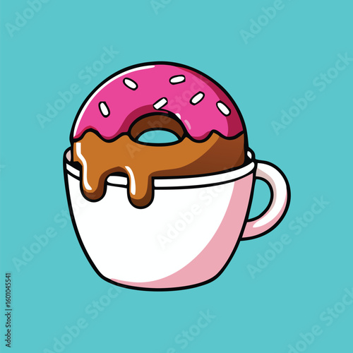 Animated pink frosted donut rests comfortably inside a white coffee mug, showcasing delicious dripping glaze