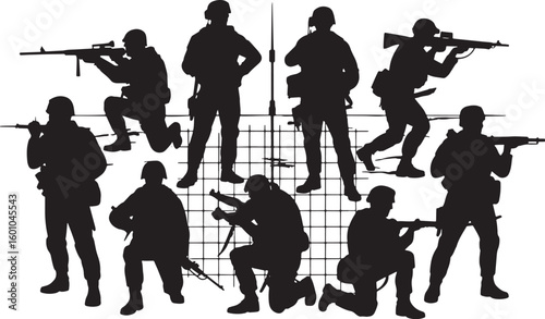 Silhouettes of Soldiers in Various Combat Positions