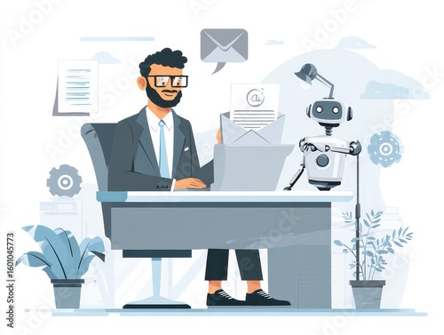 AI driven Email marketing automation. Artificial intelligence sending personalized optimized emails.Businessman using laptop computer to give instructions to AI at desk in office.