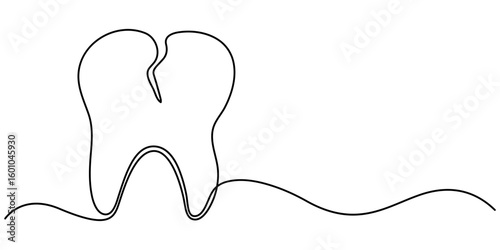Single one line drawing a middle cracked tooth. Painful. Discomfort. Importance of dental care. Prevention to avoid dental problems. National Toothache. Continuous line design graphic illustration. 