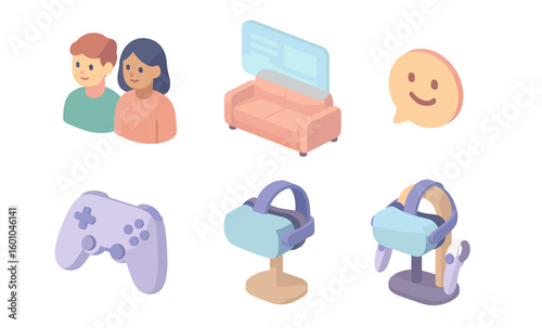Modern 3d isometric icons of technology and communication elements