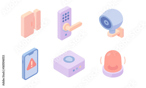 Isometric smart home security devices in pastel tones