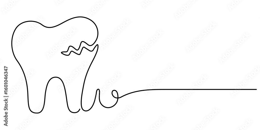 Obraz premium Single one line drawing a middle cracked tooth. Painful. Discomfort. Importance of dental care. Prevention to avoid dental problems. National Toothache. Continuous line design graphic illustration. 