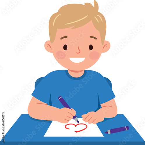 Boy drawing heart with crayon on paper in blue shirt vector illustration