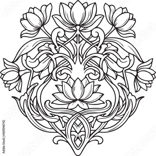 Art nouveau inspired ornamental flourish with tulip and lotus elements, symmetrical, bold outlines,