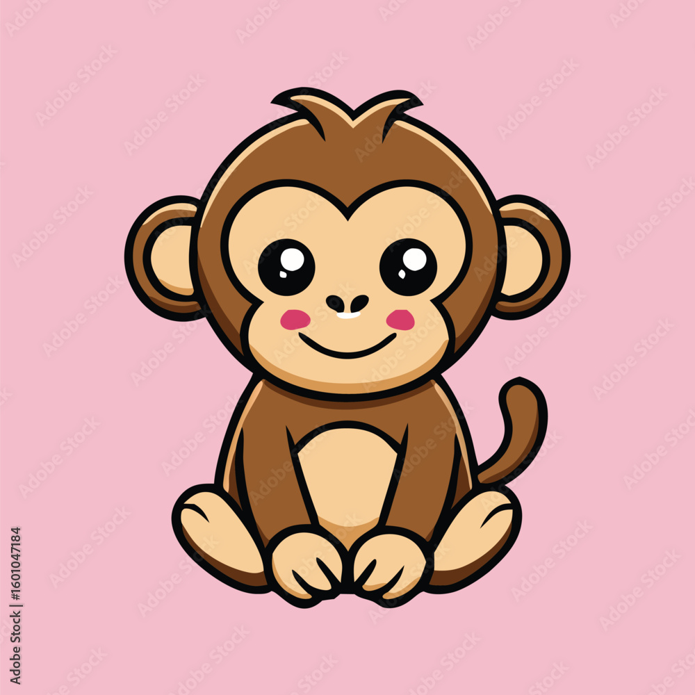 Obraz premium Adorable cartoon monkey character is sitting quietly with a pink cheek on pink background