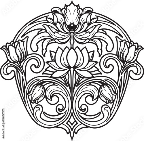 Art nouveau inspired ornamental flourish with tulip and lotus elements, symmetrical, bold outlines,