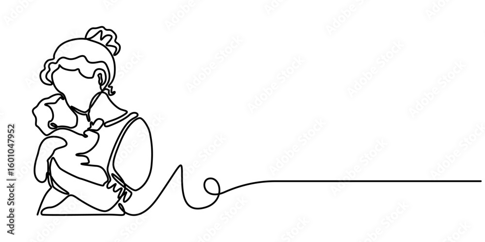 Fototapeta premium Continuous one line drawing of a mother holding a baby with full warmth, representing love and motherhood, line art style vector illustration. 