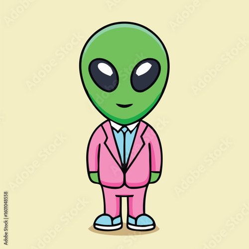Adorable green alien character is wearing a pink suit and light blue shoes