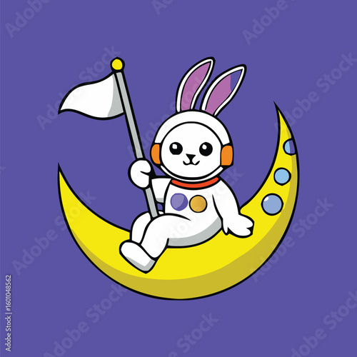 Adorable rabbit cosmonaut confidently holds the flag while joyfully sitting on a vibrant, cosmic moon