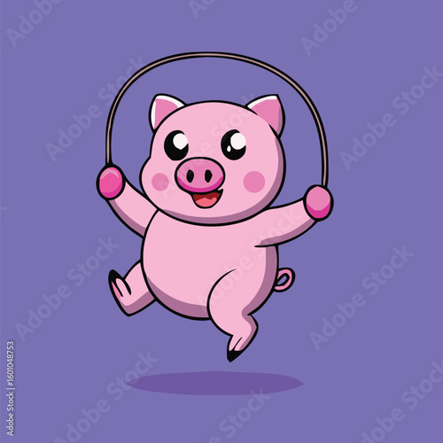 Adorable pink pig cartoon character is jumping happily with a jump rope