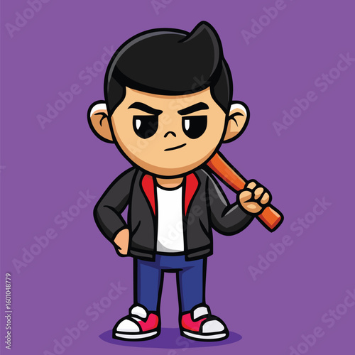 Cartoon Asian boy menacingly carries a wooden baseball bat over his shoulder on purple