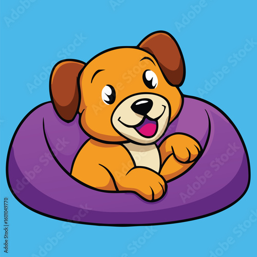 Adorable orange cartoon puppy happily rests inside its cozy purple pet bed now