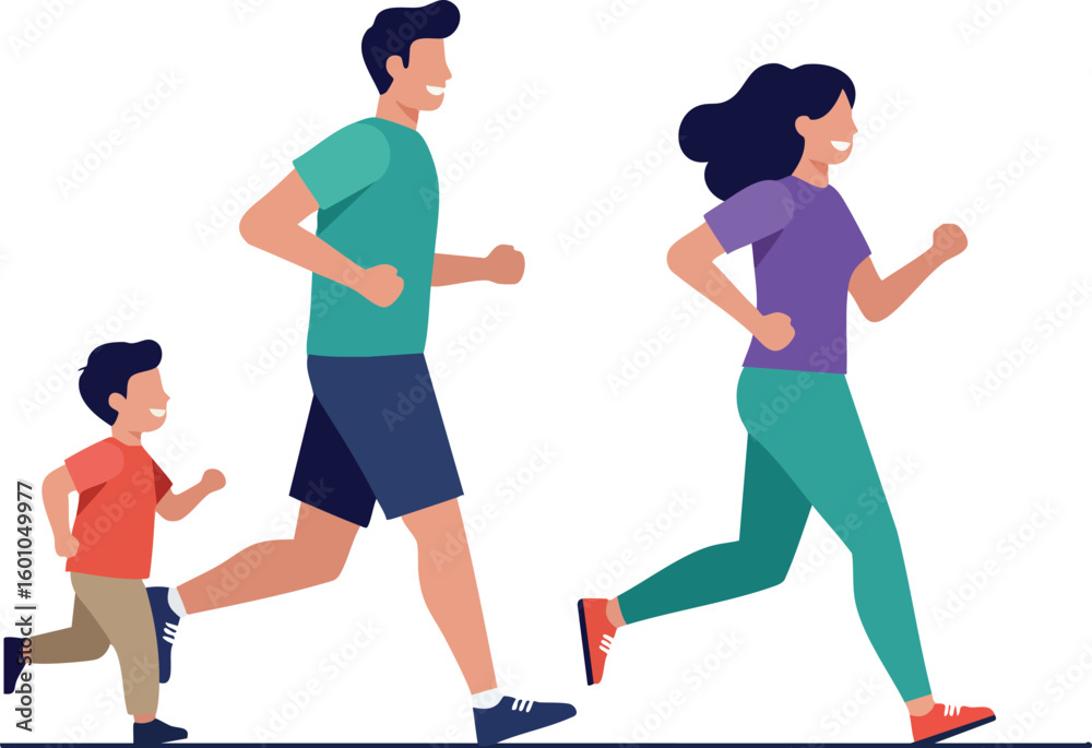 Fototapeta premium Family jogging together outdoors healthy lifestyle exercise activity vector illustration