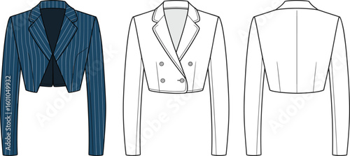 Cropped blazer fashion template technical CAD sketch front and back views, stylish jacket vector illustration for apparel design portfolio