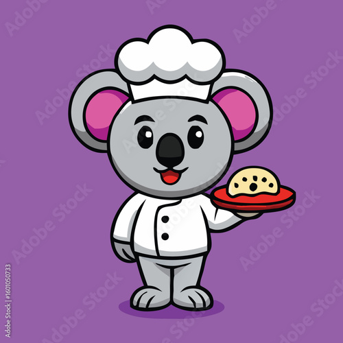 Adorable koala chef joyfully presents a delicious dessert on a red plate against purple backdrop