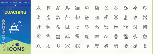 Coaching linear icon set. Includes symbols for training, workshop, teaching, seminar, career, teamwork and more. Coaching vector icon set. Sign and Symbol. Editable stroke. Vector collection.