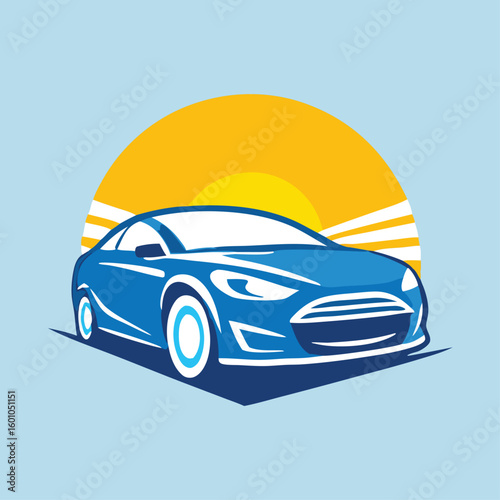 A stylized blue car illustration is presented before a vibrant yellow sun background