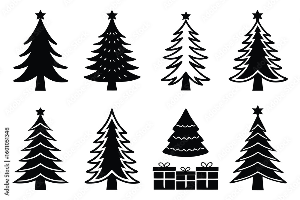 Obraz premium Twelve unique black silhouette christmas trees and gifts