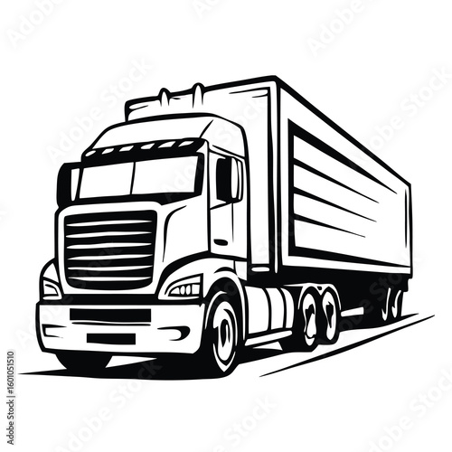 Black and white semi truck is shown with a bold outlined style on white