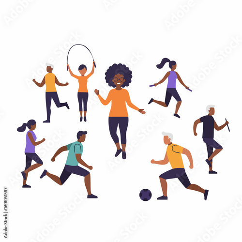 Diverse group exercising playing sports vector illustration