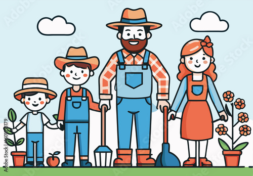 Cartoon farmer family holds gardening tools and poses happily in the bright sunshine environment